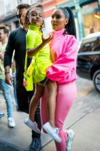 Kim Kardashian neon outfit children, North, Chicago and Saint West, in New York City, NY.