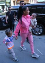 Kim Kardashian family New York City. North West, Saint West Chicago West, neon outfits