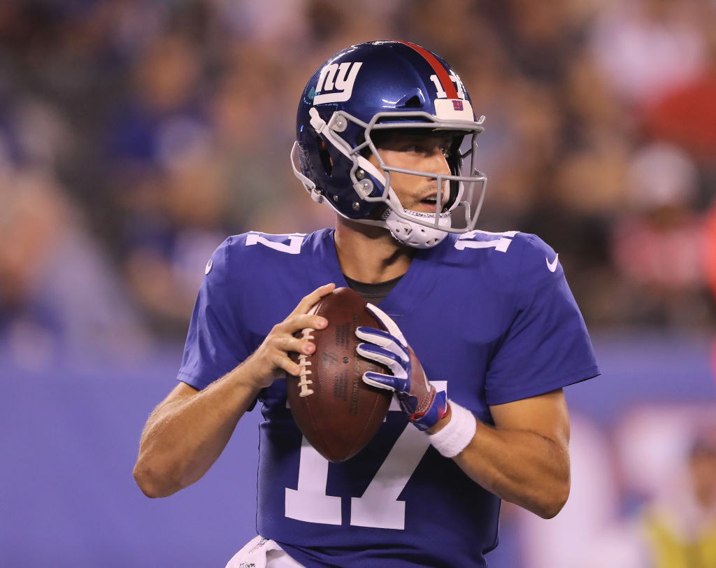 EAST RUTHERFORD, NJ - AUGUST 09:  Kyle Lauletta #17 of the New York Giants looks to pass in the fourth quarter against the Cleveland Browns during their preseason game on August 9,2018 at MetLife Stadium in East Rutherford, New Jersey.  