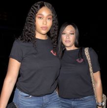 Plus size model and Kylie Jenners BFF, Jordyn Woods and her mother Elizabeth Woods were seen at a 'True Religion' denim clothing partying in West Hollywood, CA