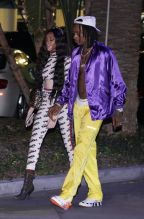 Wiz Khalifa and new supermodel girlfriend Winnie Harlow arrive at Lakers home opener game in Los Angeles, CA.
