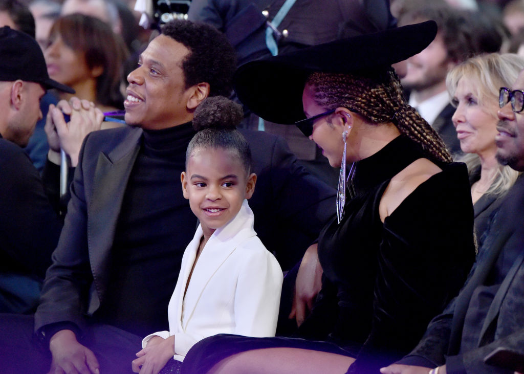 NEW YORK, NY - JANUARY 28:  Recording artist Jay Z, daughter Blue Ivy Carter and recording artist Beyonce attend the 60th Annual GRAMMY Awards at Madison Square Garden on January 28, 2018 in New York City. 