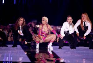 Nicki Minaj and Little Mix perform "Woman Like Me" at the 2018 MTV EMAs, Europe Music Awards, at Bizkaia Arena in Bilbao Exhibition Centre (BEC) in Bilbao, Spain, on 04 November 2018.
