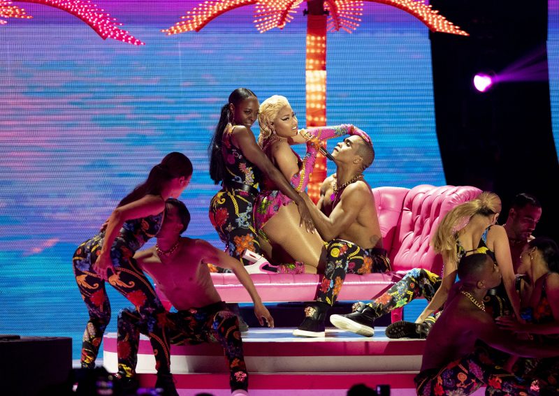 Nicki Minaj and Little Mix perform "Woman Like Me" at the 2018 MTV EMAs, Europe Music Awards, at Bizkaia Arena in Bilbao Exhibition Centre (BEC) in Bilbao, Spain, on 04 November 2018.
