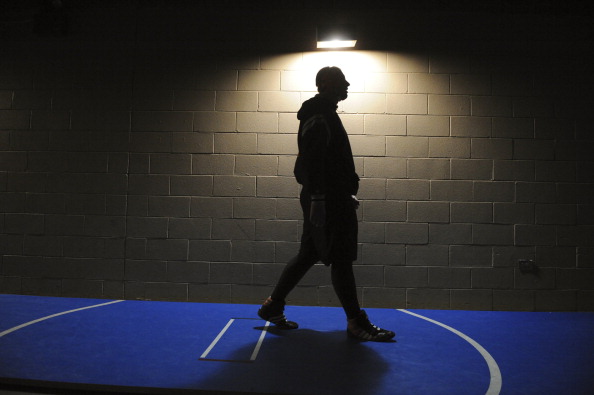 (KG) WRESTLING -- Grand Junction High School heavyweight wrestler Isaac Valentine concentrated on his upcoming match in a back hallway of the Pepsi Center Thursday night, February 21, 2008. The 2008 Colorado State Wrestling Tournament started with prelimi