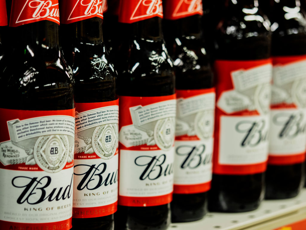 Row of Bud beer bottles seen at the store...
