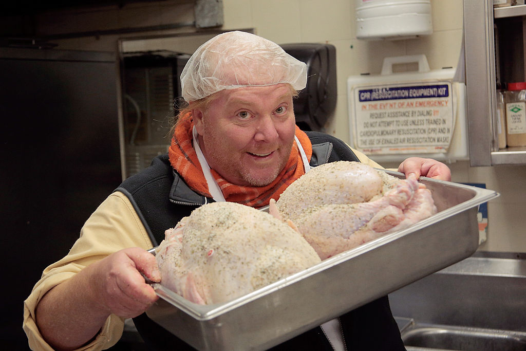 Mario Batali Helps Prep Dinner & Distribute Turkeys At The Food Bank For New York City's Community Kitchen & Food Pantry