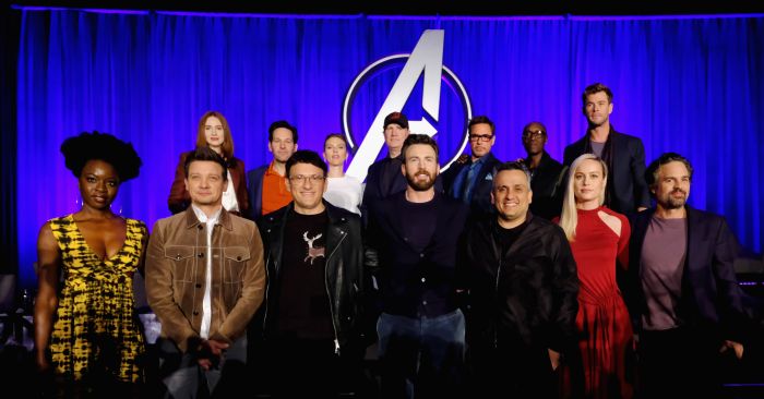 Danai Gurira, Paul Rudd and Scarlett Johansson speak onstage during Marvel Studios' "Avengers: Endgame" Global Junket Press Conference