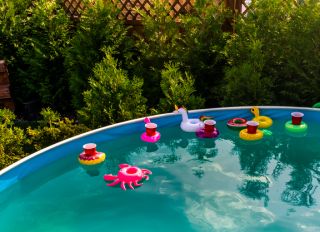 High Angle View Of Inflatable Rings Floating In Swimming Pool By Plants