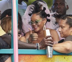 Rihanna wears pink feathered costume to Cropover