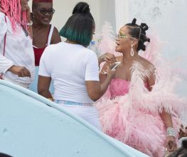 Rihanna wears pink feathered costume to Cropover