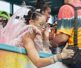 Rihanna wears pink feathered costume to Cropover