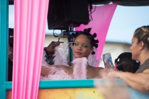 Rihanna wears pink feathered costume to Cropover