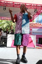 MA$E wears multicolored cheetah print short set for Vegas Pool Party