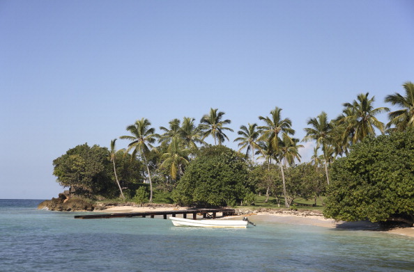 Bacardi island Palm tree lined shore wooden jetty and moored boat