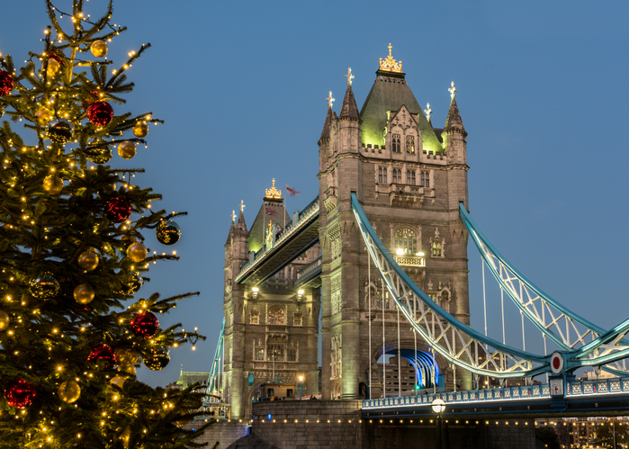 Christmas Tree and Tower Bridge at Night, London, UK