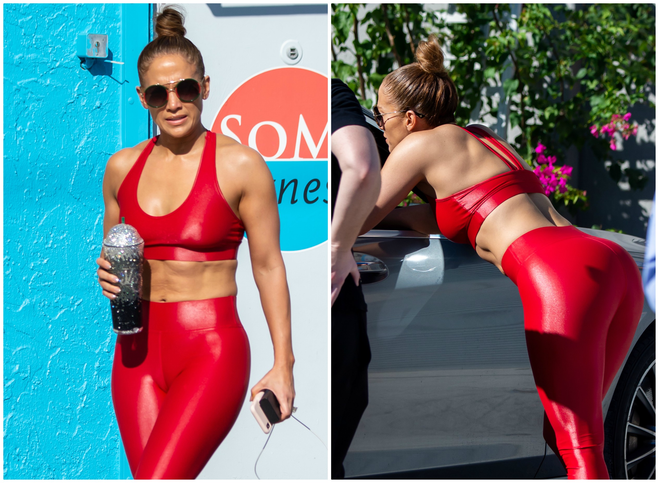 Jennifer Lopez wears red spandex and sports bra for workout on Christmas Eve