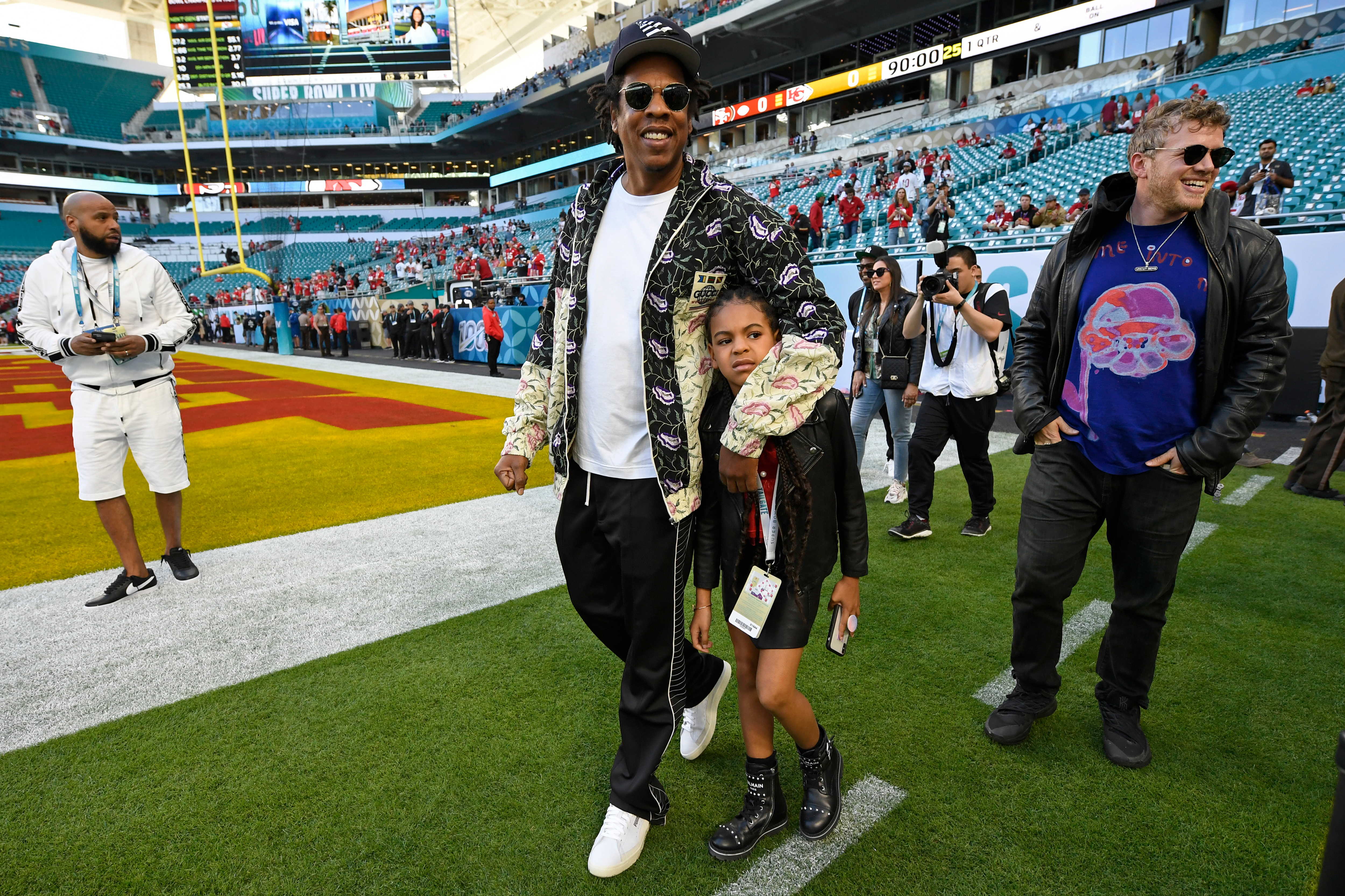 Jay-Z & Blue Ivy on the field at Super Bowl Liv