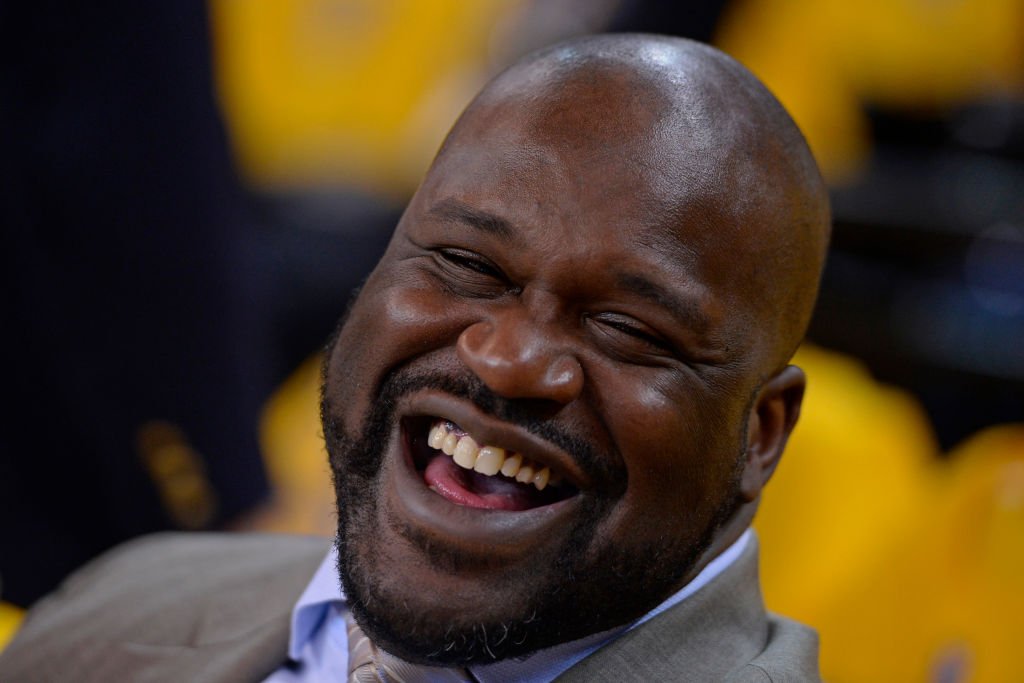 Shaquille O'Neal lets out a laugh while on the court before Game 2 of the NBA Finals at Oracle Arena in Oakland, Calif., on Sunday, June 7, 2015. (Jose Carlos Fajardo/Bay Area News Group)