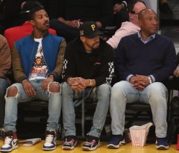 Michael B. Jordan and Byron Allen and Jay-Z at the Lakers game