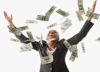 African American businesswoman throwing money in the air - stock photo