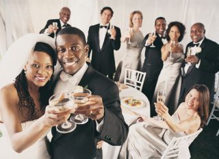 Group of People Toast a Bride and Groom at a Wedding reception in a Marquee
