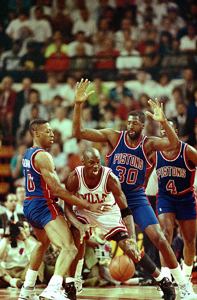 Michael Jordan Surrounded by Detroit Pistons'