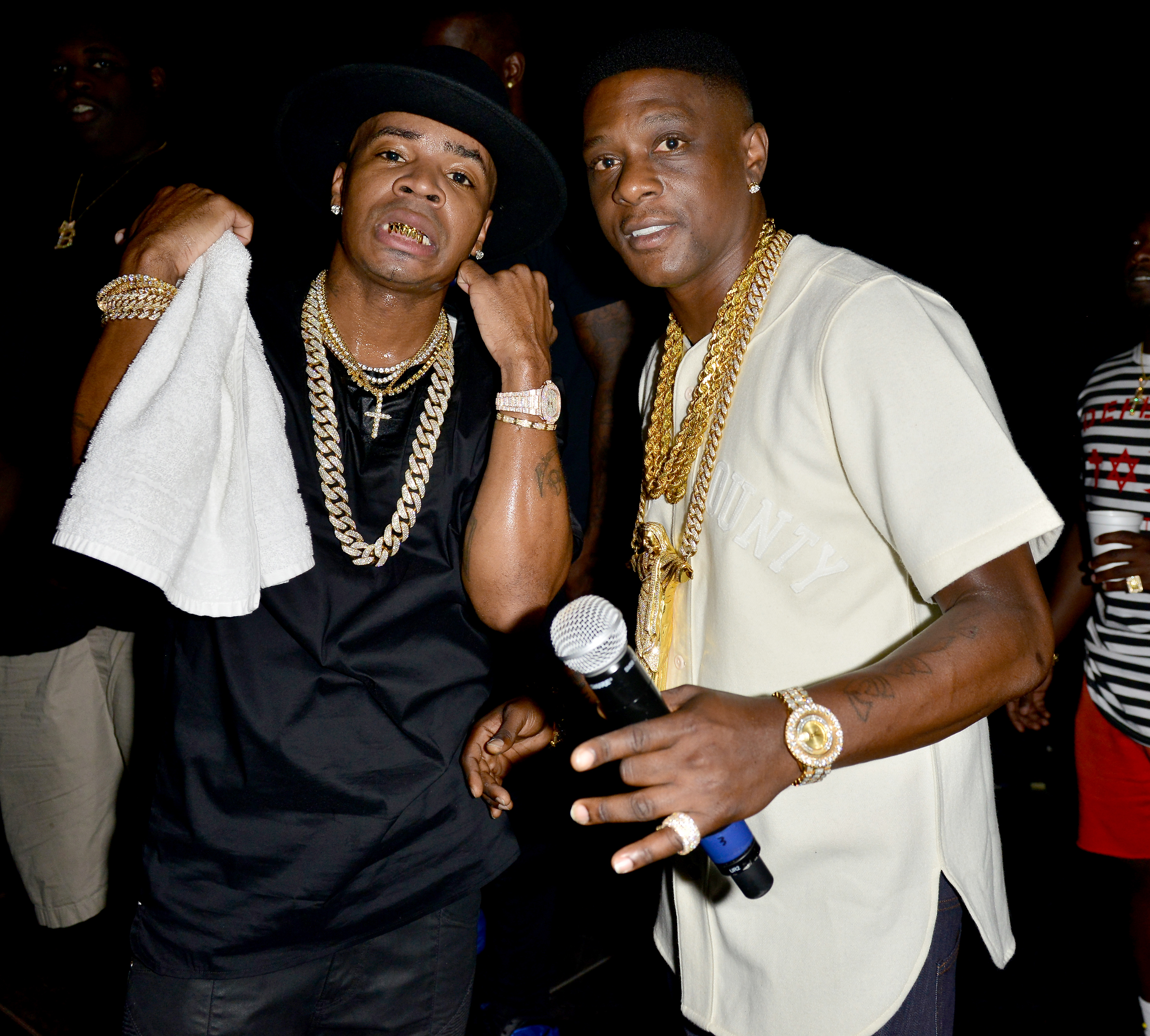 Lil&apos; Boosie and Plies Kings backstage during the Kings of the Streets Tour at the James L. Knight Center