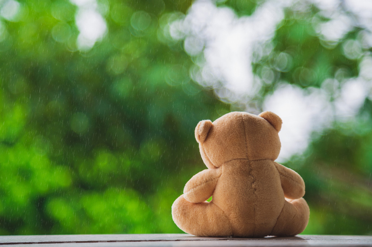 Back Side Teddy Bear Sitting On White Wooden Floor Seeing Rain Falling With Green Nature Background