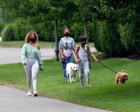 Jennifer Lopez walks dogs with kids Max and Emme in the Hamptons
