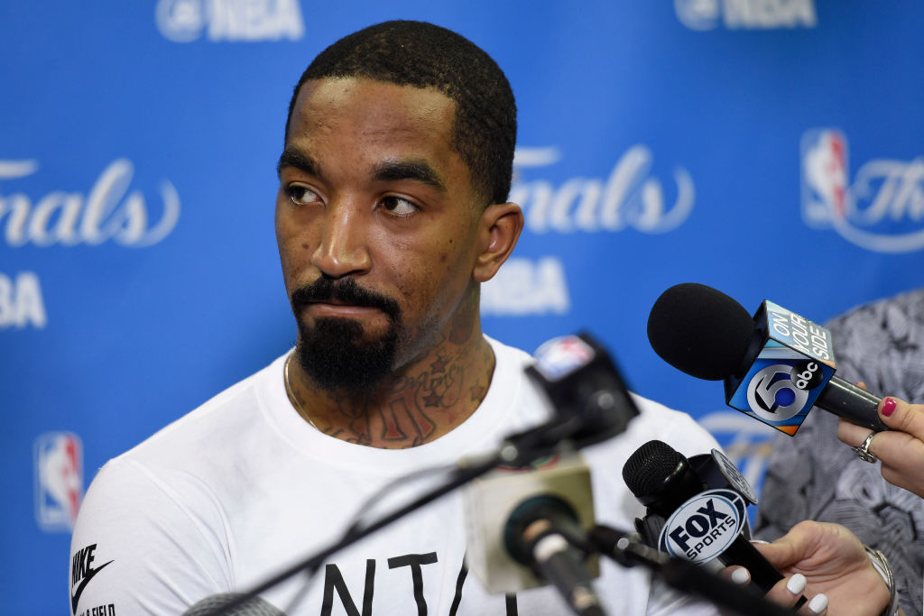Cleveland Cavaliers' J.R. Smith (5) speaks to the media during a practice session before Game 3 of the NBA Finals at Quicken Loans Arena in Cleveland, Ohio, on Tuesday, June 7, 2016. (Jose Carlos Fajardo/Bay Area News Group)