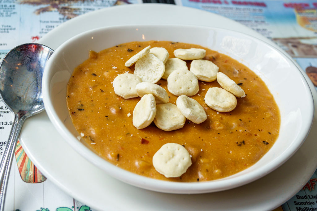 Florida, Jensen Beach, Mulligan's Beach House Bar & Grill, bowl of seafood bisque with oyster crackers