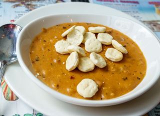 Florida, Jensen Beach, Mulligan's Beach House Bar & Grill, bowl of seafood bisque with oyster crackers