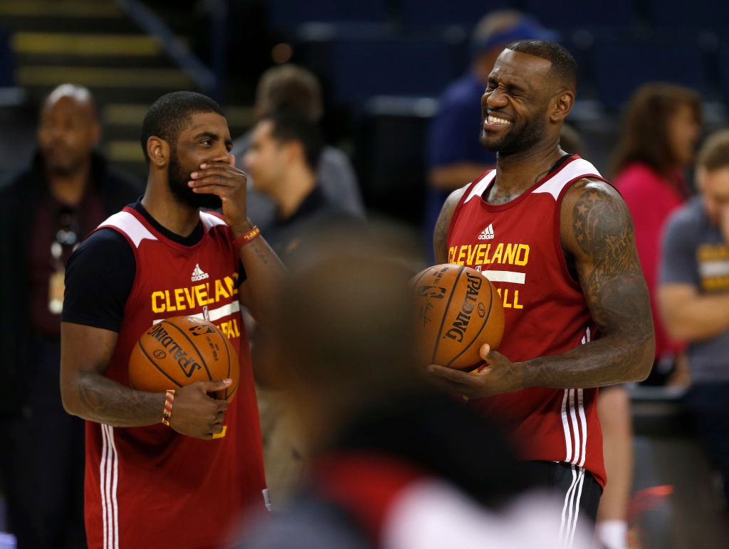 Cleveland Cavaliers' LeBron James (6) laughs with Cleveland Cavaliers' Kyrie Irving (2) during media day the day before Game 1 of the NBA Finals at Oracle Arena in Oakland, Calif., on Wednesday, June 1, 2016. (Nhat V. Meyer/Bay Area News Group)