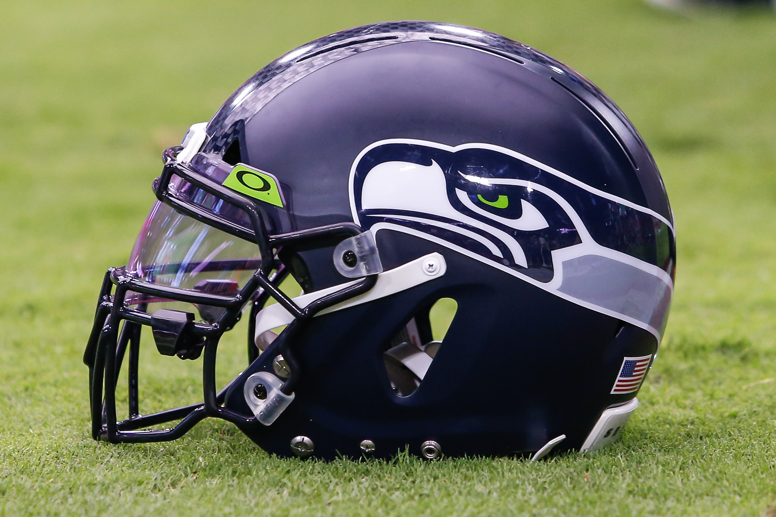 Seahawks helmet on the field