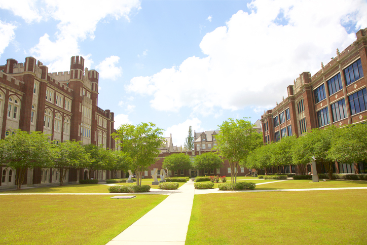 Pedestrian walkway and academic quad at Loyola University New Orleans