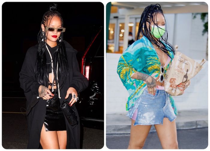 Rihanna wears all black for a night out at Giorgio Baldi and a turquoise print top to the grocery store