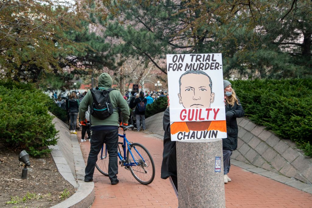 Minneapolis, Minnesota. People gather at the government center to wait for the verdict in the trial of Derek Chauvin for the killing of George Floyd.