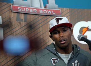 Julio Jones of the Atlanta Falcons speaks during Media Night at Minute Maid Park in Houston on Monday, January 30, 2017. Staff Photo by Nancy Lane