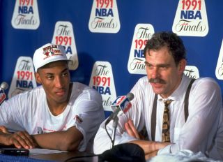 Scottie Pippen and Phil Jackson during theLos Anglees Lakers vs Chicago Bulls, 1991 NBA Finals