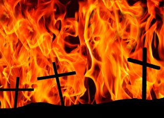 Three christian crosses on the background of the flame. Religion concept