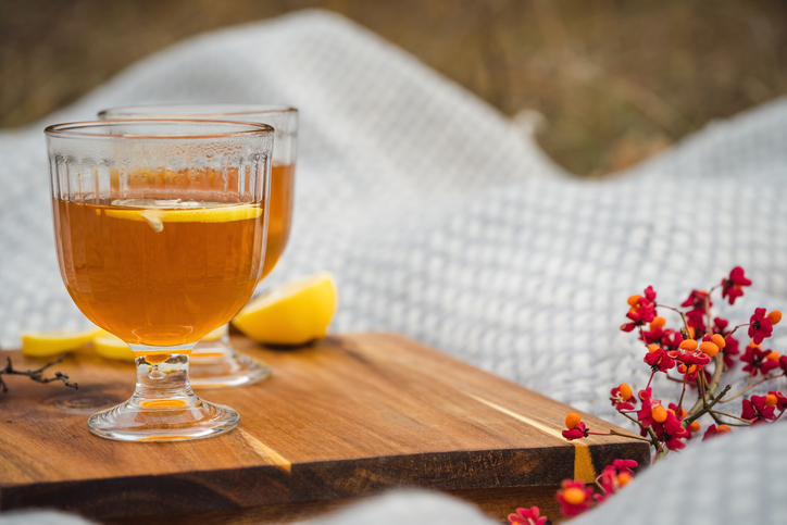 Fruit tea with lemon slices. Romantic autumn picnic