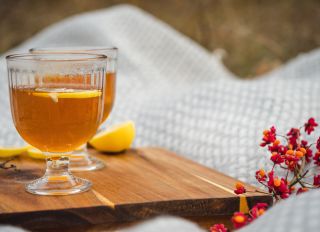 Fruit tea with lemon slices. Romantic autumn picnic