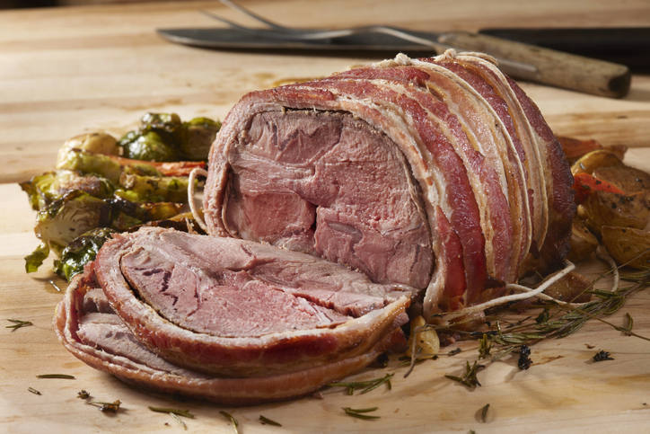 Medium Rare, Bacon Wrapped Pork Roast Dinner