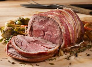 Medium Rare, Bacon Wrapped Pork Roast Dinner