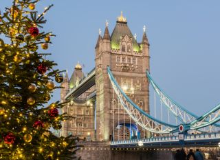 Christmas Tree and Tower Bridge at Night, London, UK