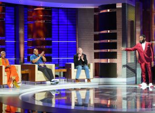 To Tell The Truth Episode 428 episodic still featuring Cynthia Erivo, Donald Faison, Gary Owen and show host Anthony Anderson