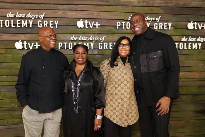Samuel L. Jackson, LaTanya Richardson, Cookie Johnson and Earvin "Magic" Johnson attend the series premiere of Apple Original limited series “The Last Days of Ptolemy Grey” at The Bruin in Los Angeles, CA, on March 7, 2022. “The Last Days of Ptolemy Grey”