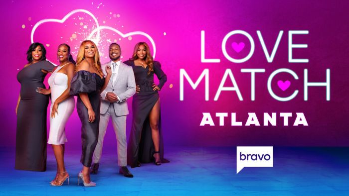 Bravo's "Love Match Atlanta" key art and portrait of Shae Primus, Kelli K. Fisher, Tana Gilmore, Joseph Dixon, Mignon Ming Clark