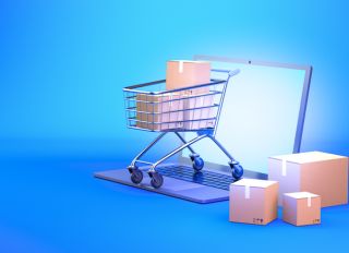 3d render cart shopping online on laptop